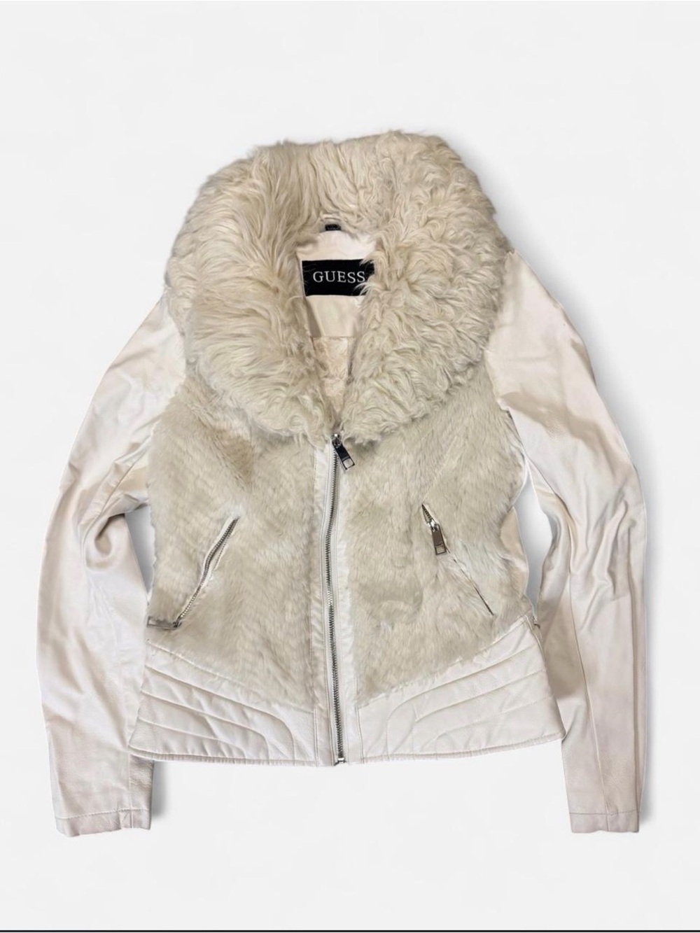 GUESS Women's White Leather Jacket W/ Cream Fur Collar- Y2K Moto Style